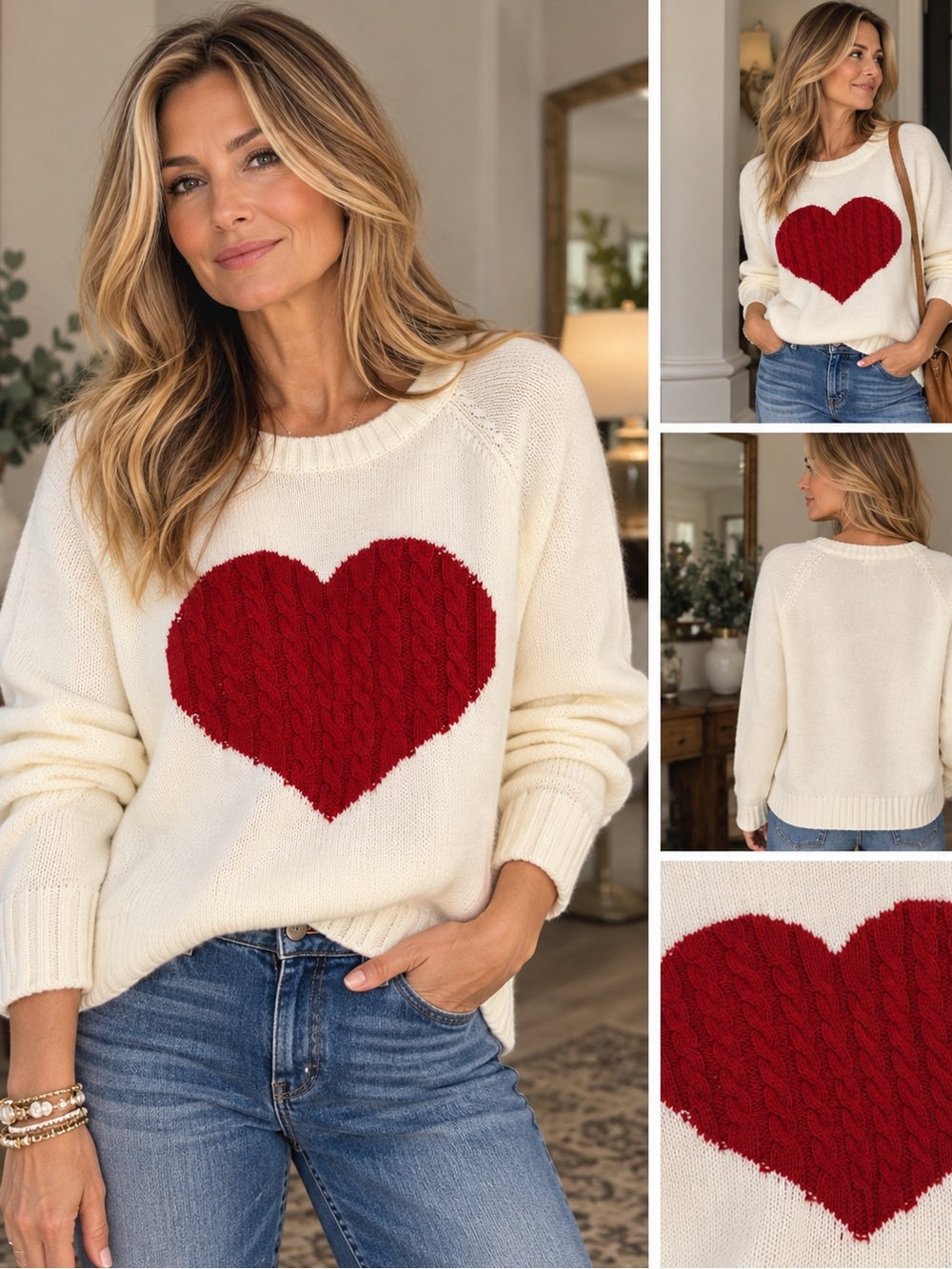 ee:some Cream Red Heart Cable Knit Sweater M/L